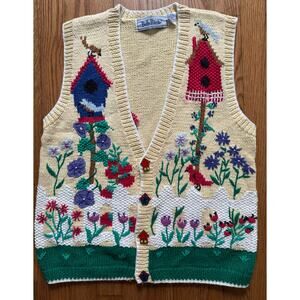 BellePointe Birdhouse Sweater Vest Womens Small Bird Flower Garden Cottagecore